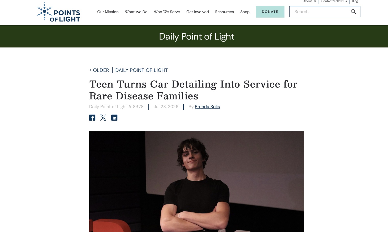 Points of Light article headlined “Teen Turns Car Detailing Into Service for Rare Disease Families,” naming Michael-Christopher Suman Daily Point of Light #8378